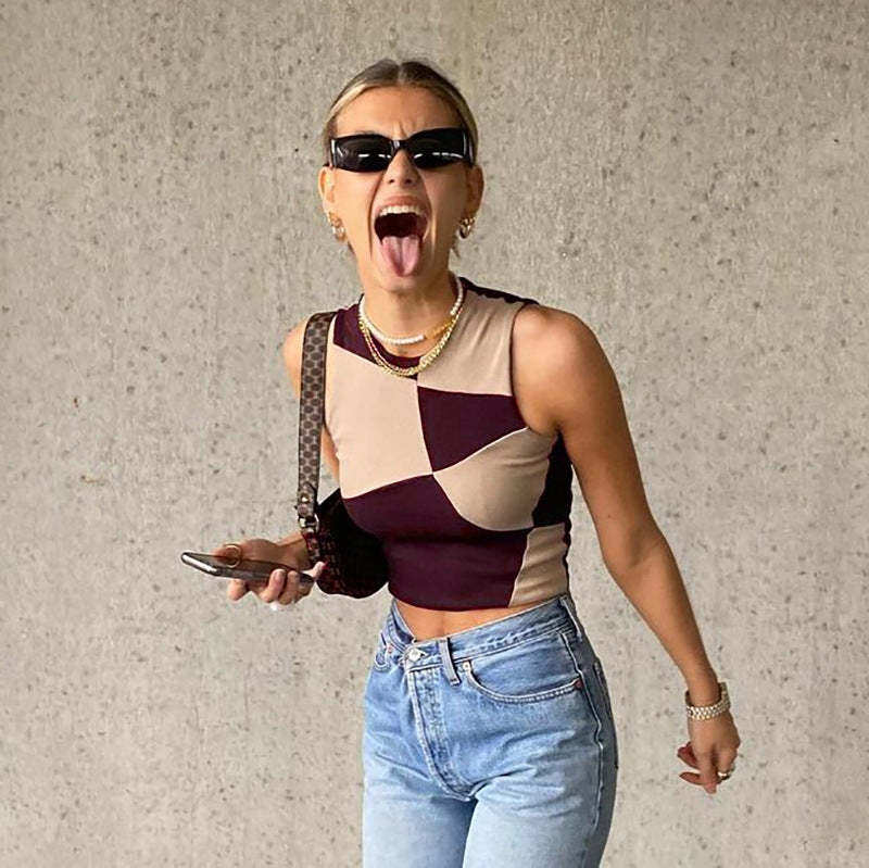 Summer New Style Contrast Color Stitching Sleeveless Fashion Simple Vest Top Women's Clothing