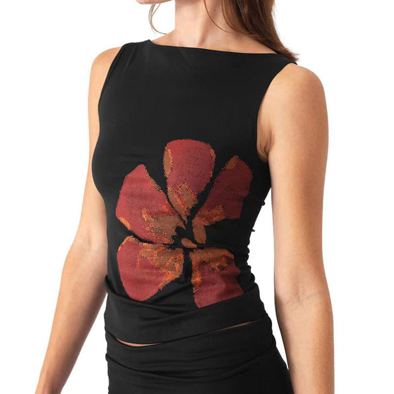 Spicy Girl Round Neck Simple Floral Print Sleeveless Vest Women's Slimming Fitted Pullover Top T-shirt