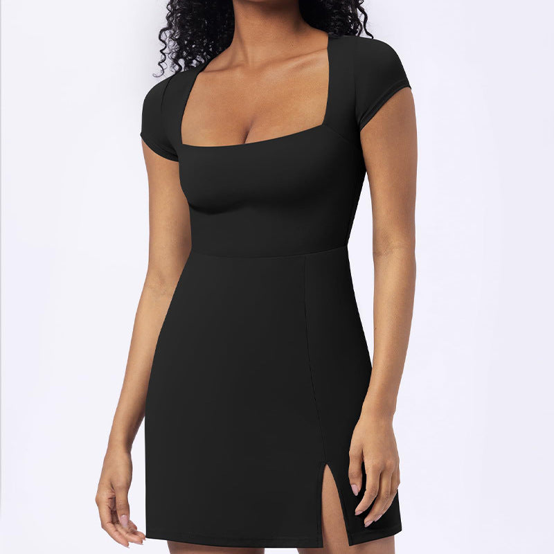 Elegant A-line Dress with U-neckSleeveless,Slim Fit StretchySolid ColorHigh Slit