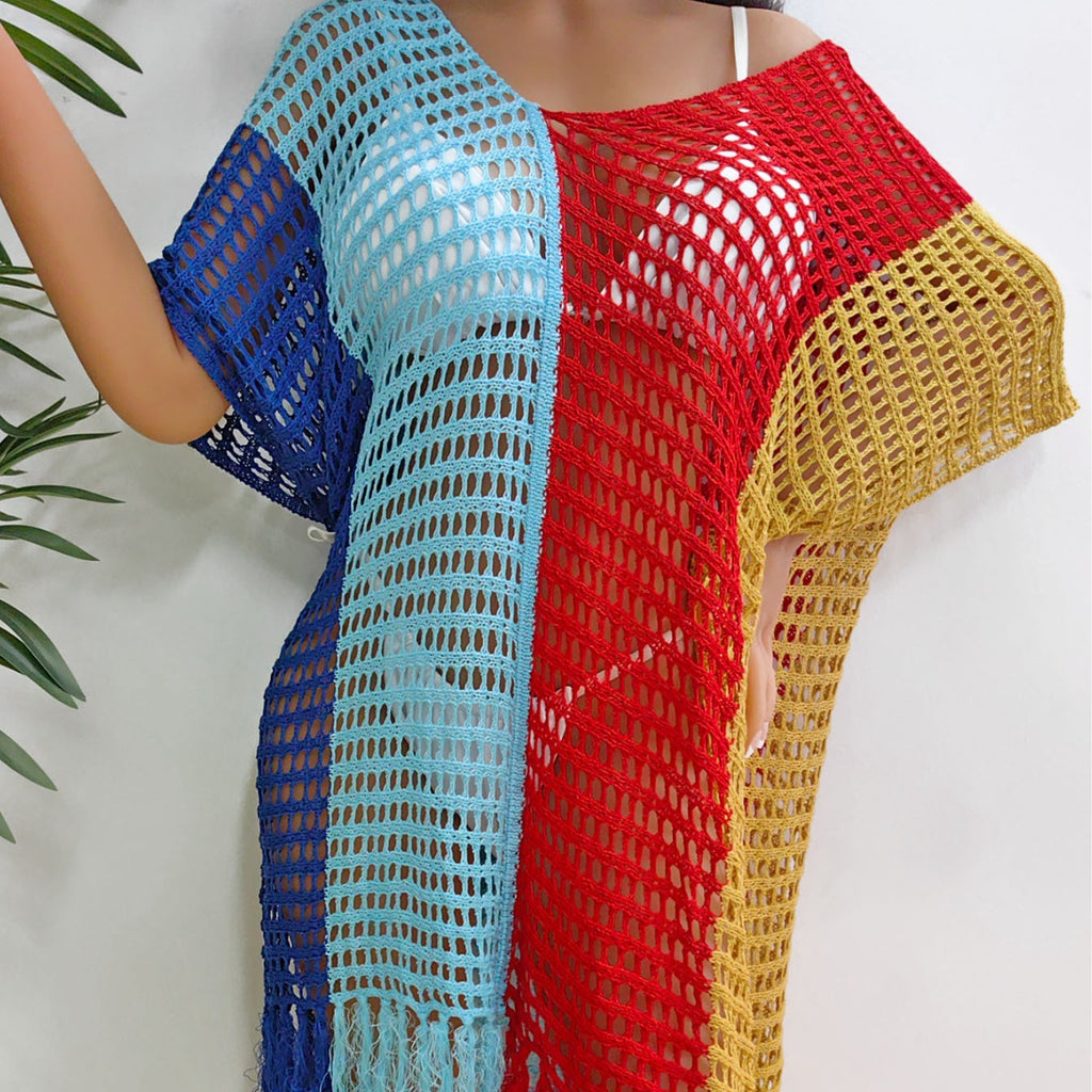 Beach Vacation Bikini Color-Blocked Fringe Cover-Up