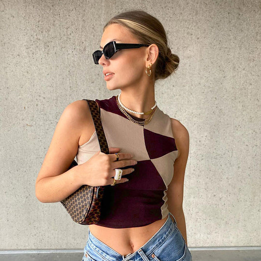 Summer New Style Contrast Color Stitching Sleeveless Fashion Simple Vest Top Women's Clothing