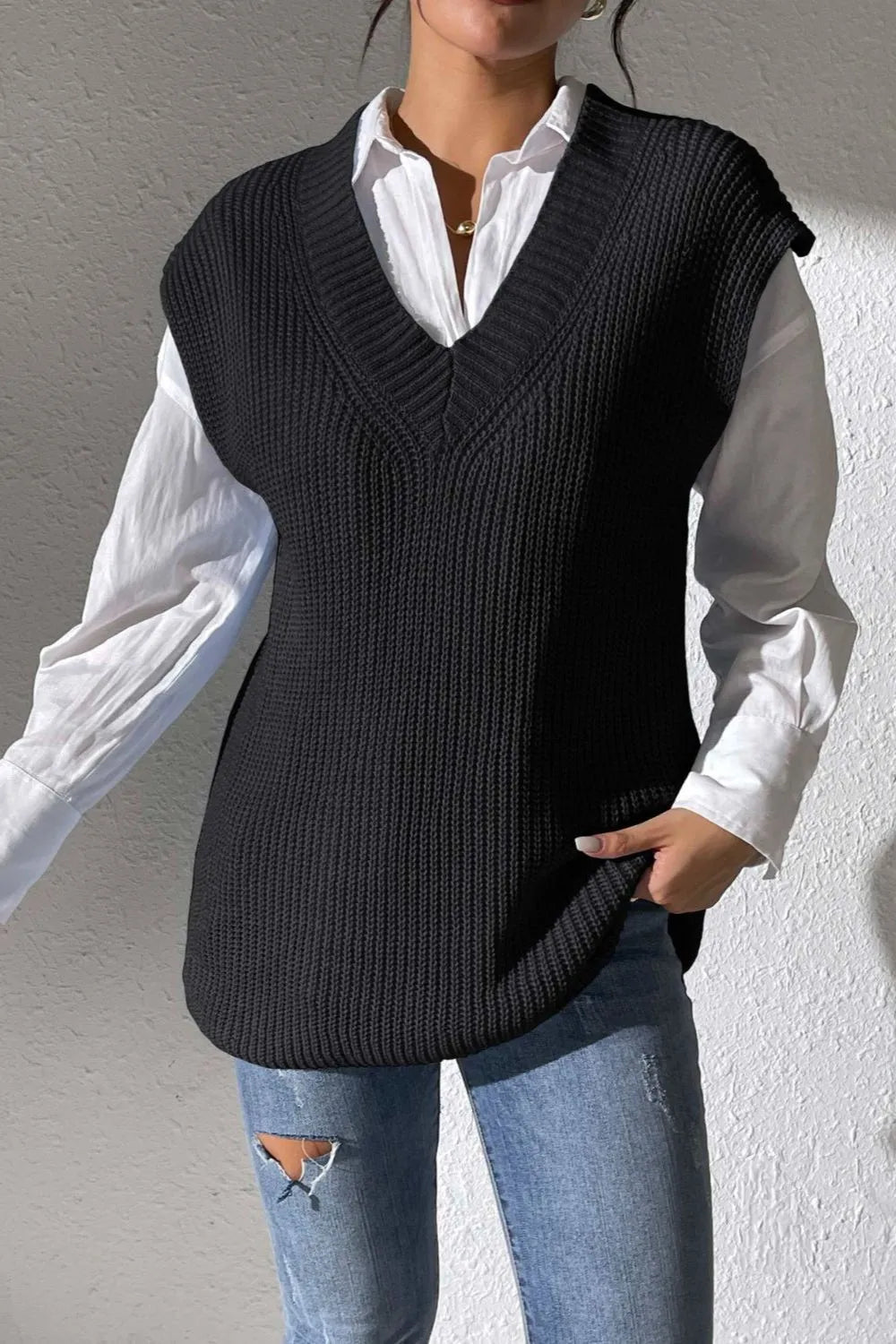 Women's Spring and Autumn New Style V-neck Simple Vest Woven Sweater Clip