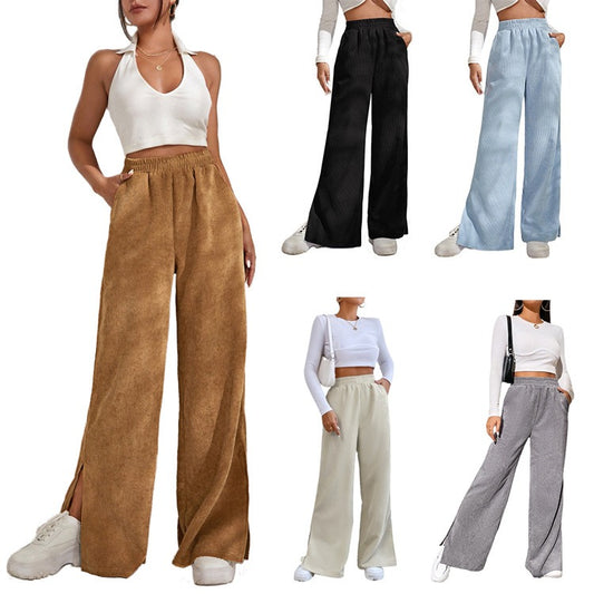 New Women's High Waist Casual Pants in Autumn and Winter Solid Corduroy Splice Slit Bottom Pants
