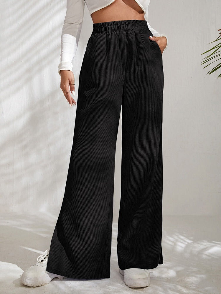 New Women's High Waist Casual Pants in Autumn and Winter Solid Corduroy Splice Slit Bottom Pants