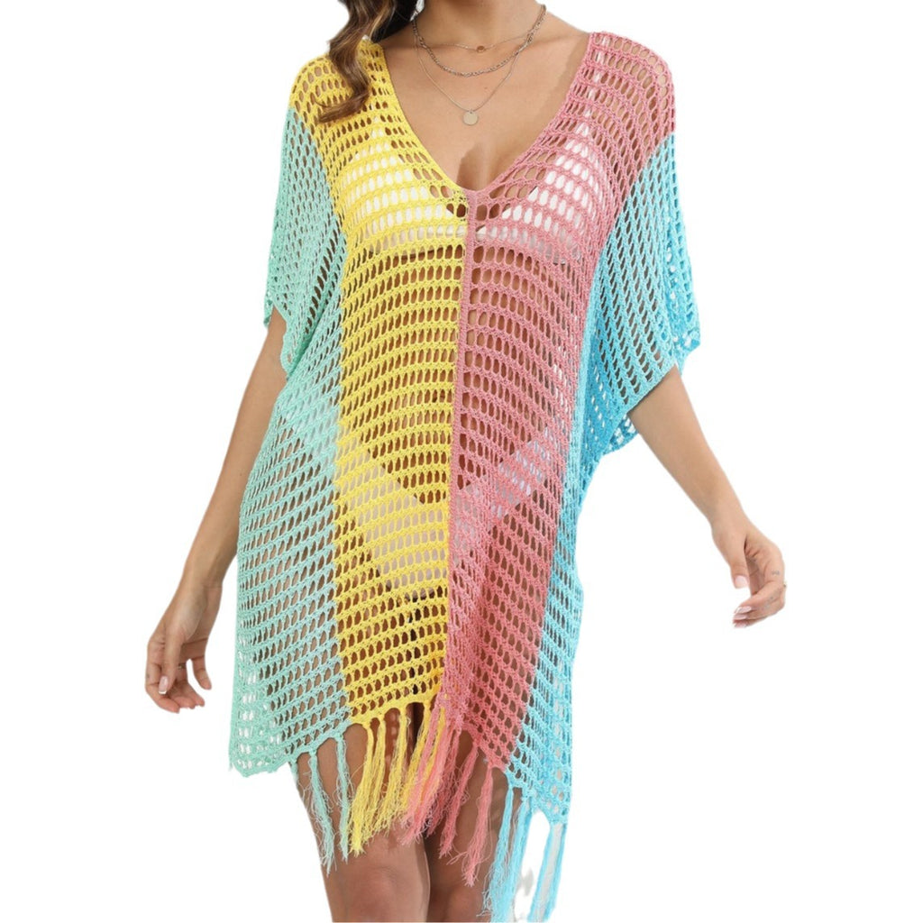 Beach Vacation Bikini Color-Blocked Fringe Cover-Up