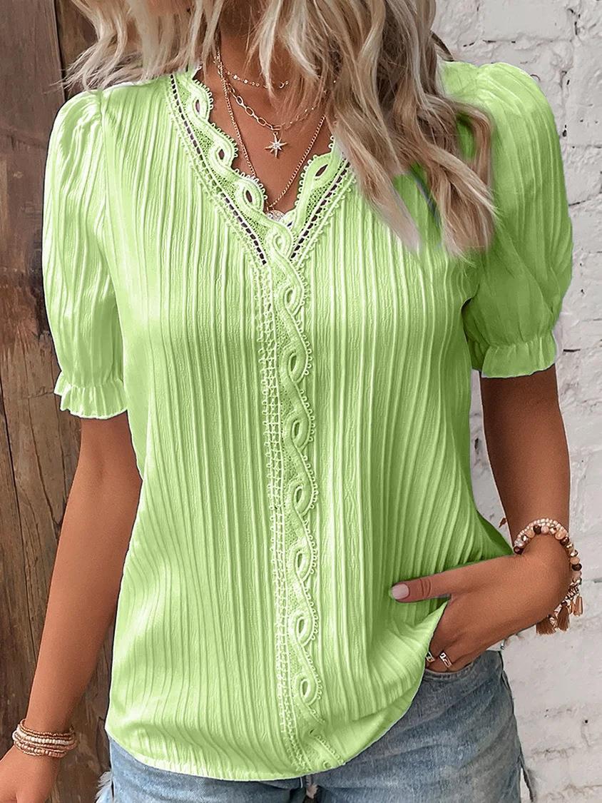 Fashion Hollow-Out Short Sleeve Shirt for Women, Summer Casual Vacation Style