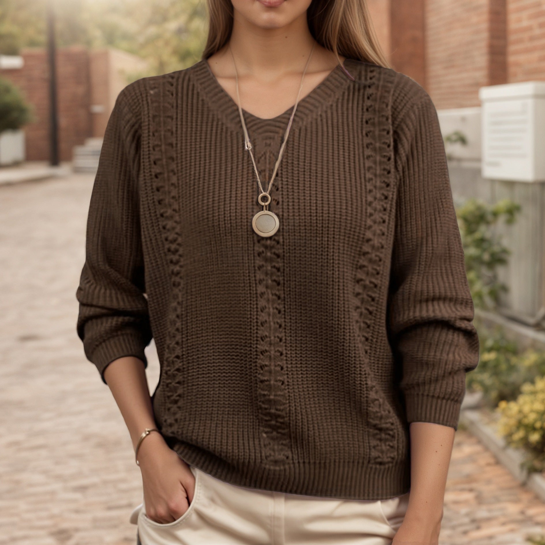 V-neck solid color long sleeved pullover sweater for women