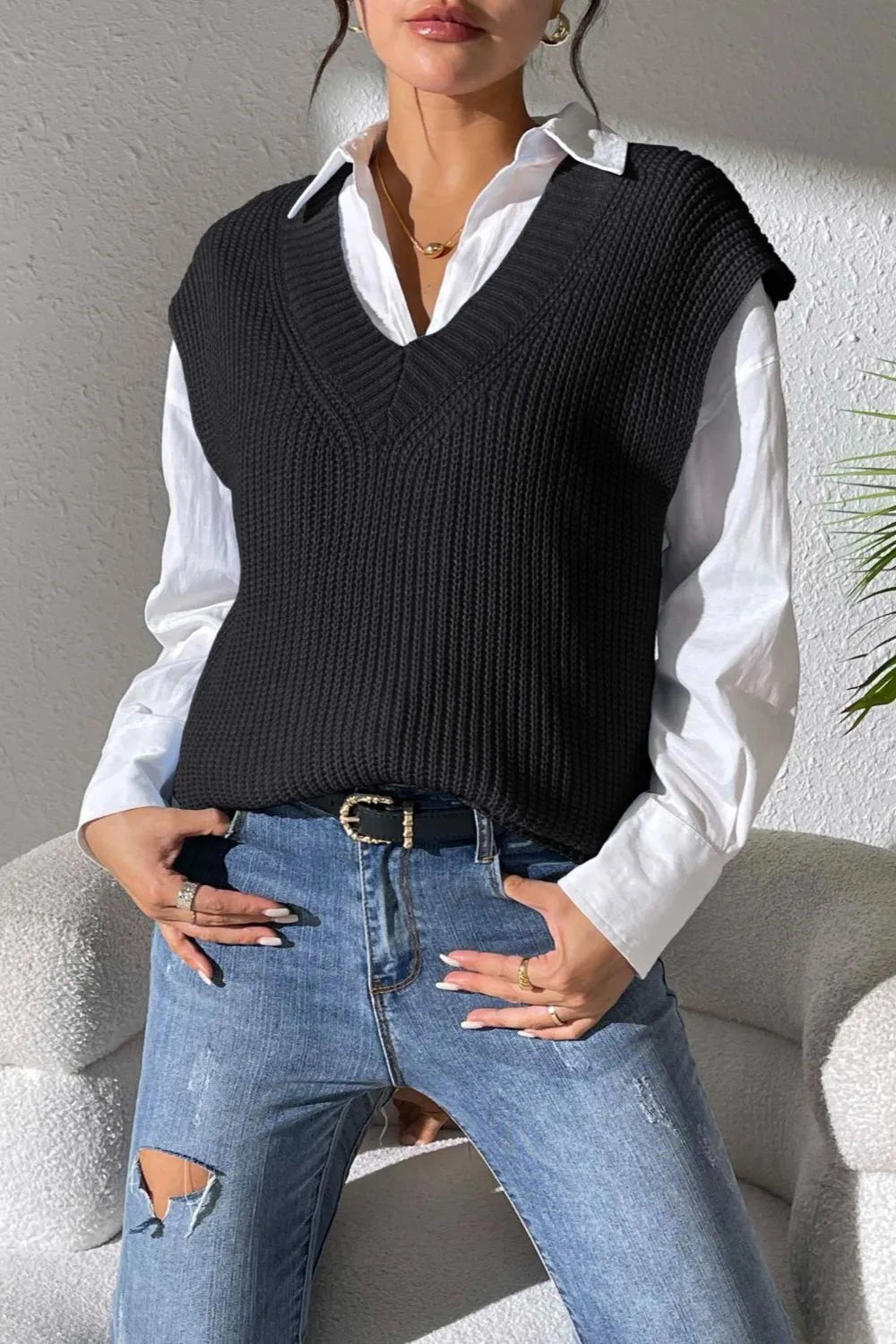 Women's Spring and Autumn New Style V-neck Simple Vest Woven Sweater Clip