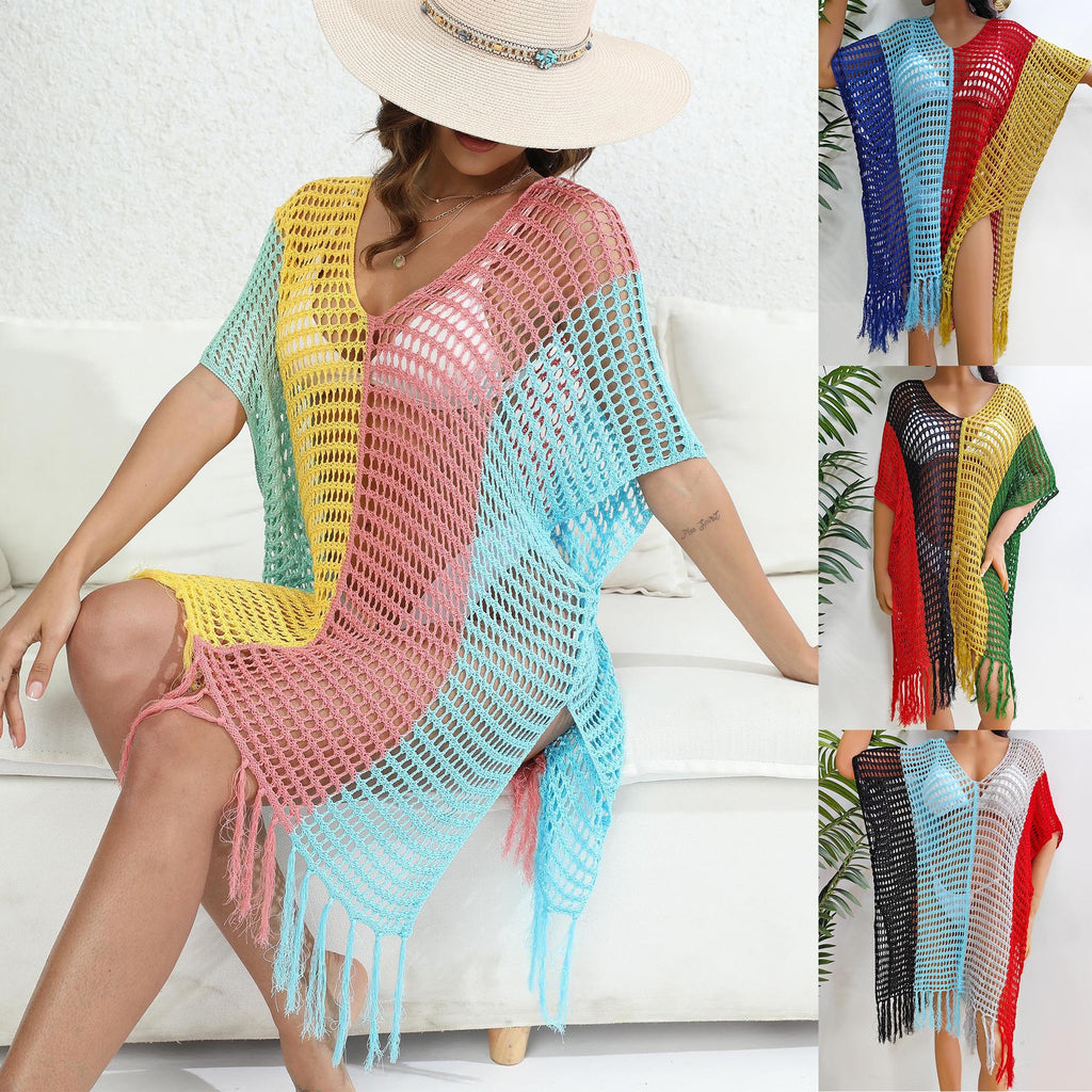 Beach Vacation Bikini Color-Blocked Fringe Cover-Up