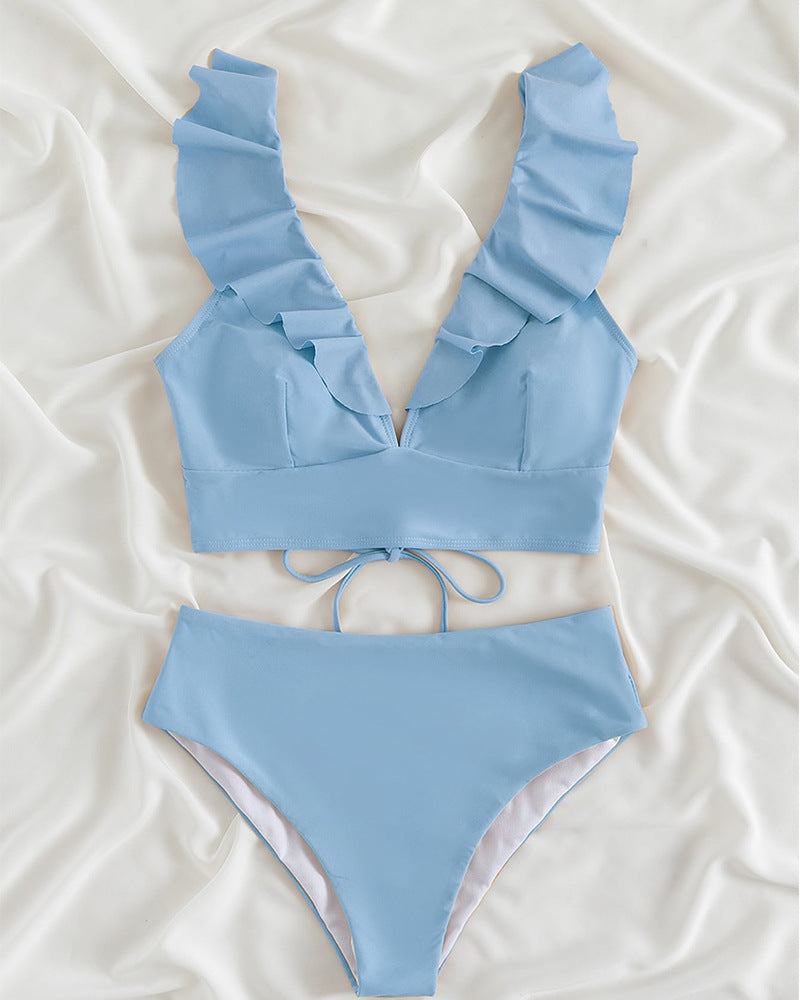 Ruffled Lace-Up Bikini Swimwear New Sexy Pleated Lace V-Neck High Waist Split Swimsuit For Women