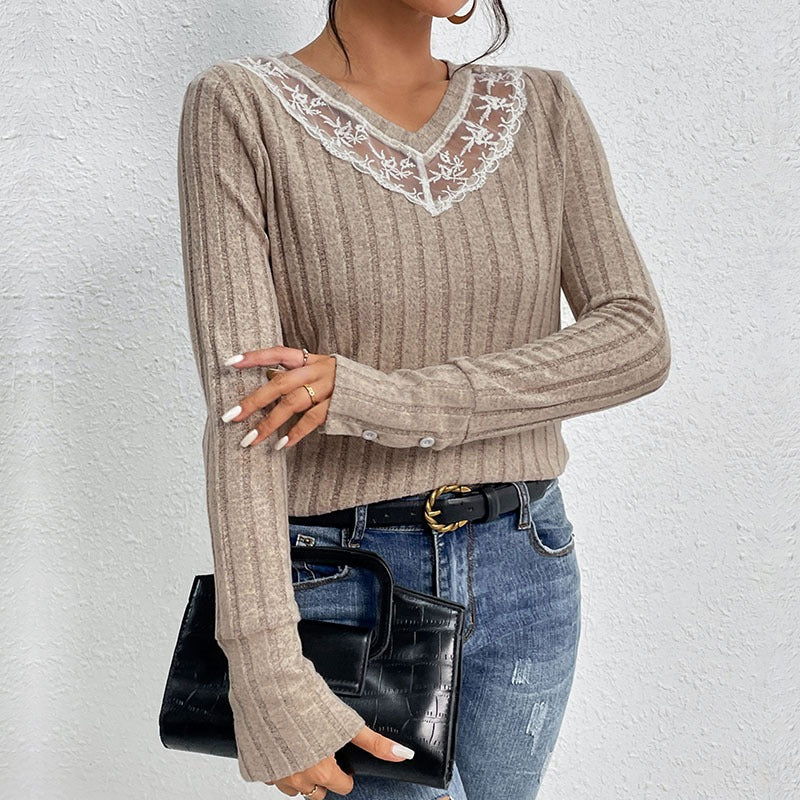 Spring and Autumn New Product European and American Women's Splicing Solid Color Long Sleeve V-neck Knitted Shirt