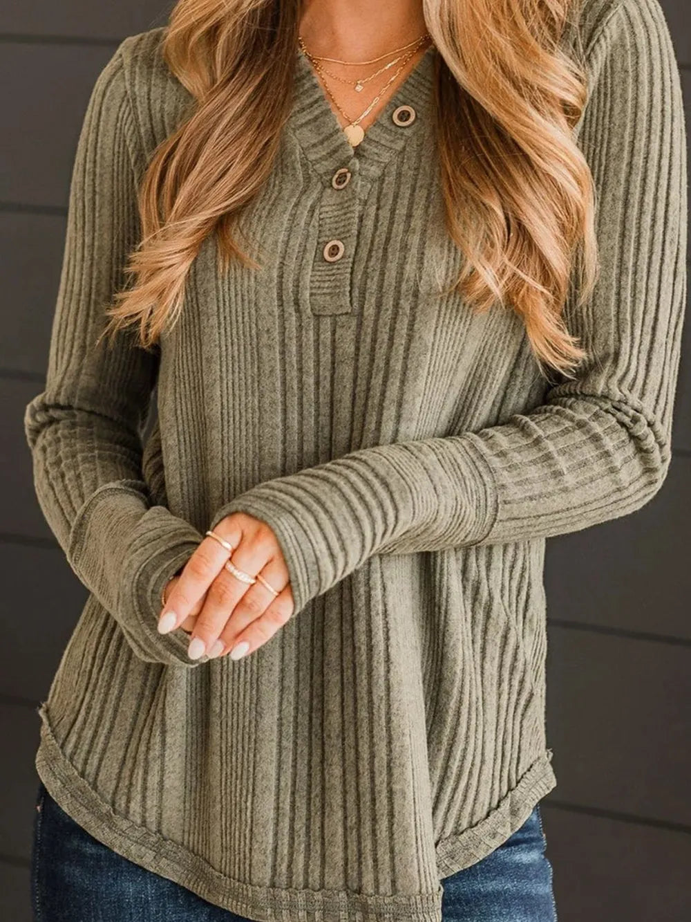 Solid color V-neck button loose long sleeved T-shirt top women's knitted sweater