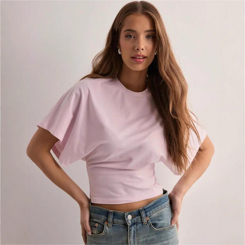 Fashion Sense Round Neck Pullover Short Sleeve T-Shirt for Women, Simple and Versatile Solid Color Loose Top