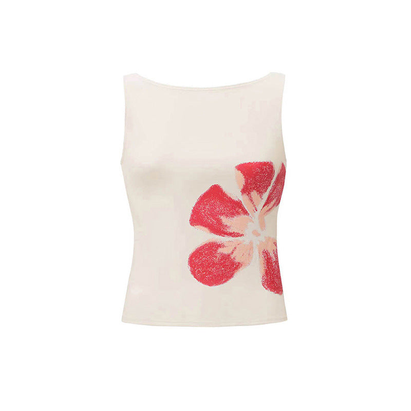Spicy Girl Round Neck Simple Floral Print Sleeveless Vest Women's Slimming Fitted Pullover Top T-shirt
