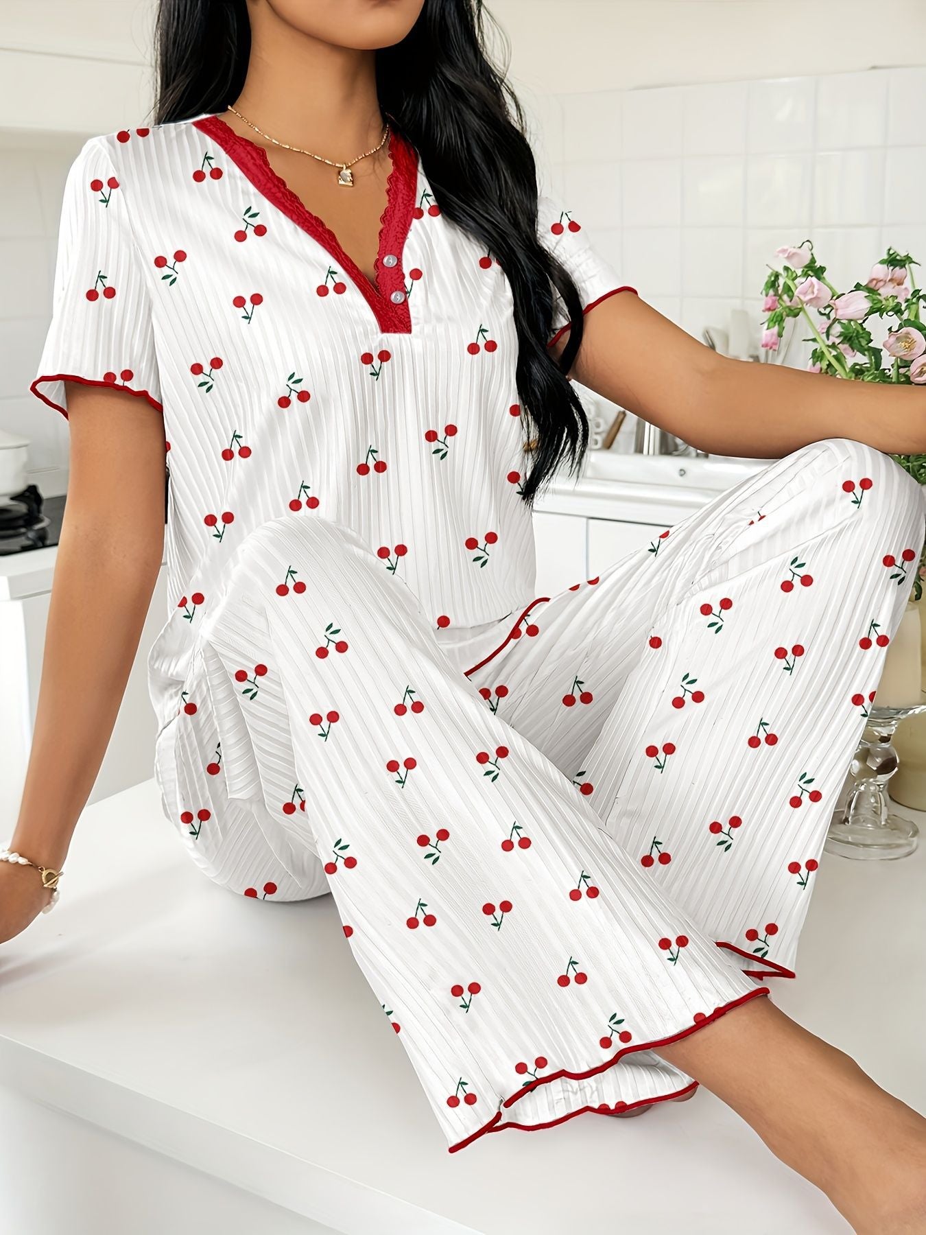 Spring and Autumn Hot selling Printed Short sleeved Pants Pajamas for Women Comfortable Wide Legs Can be Outdated Women's Home Clothes