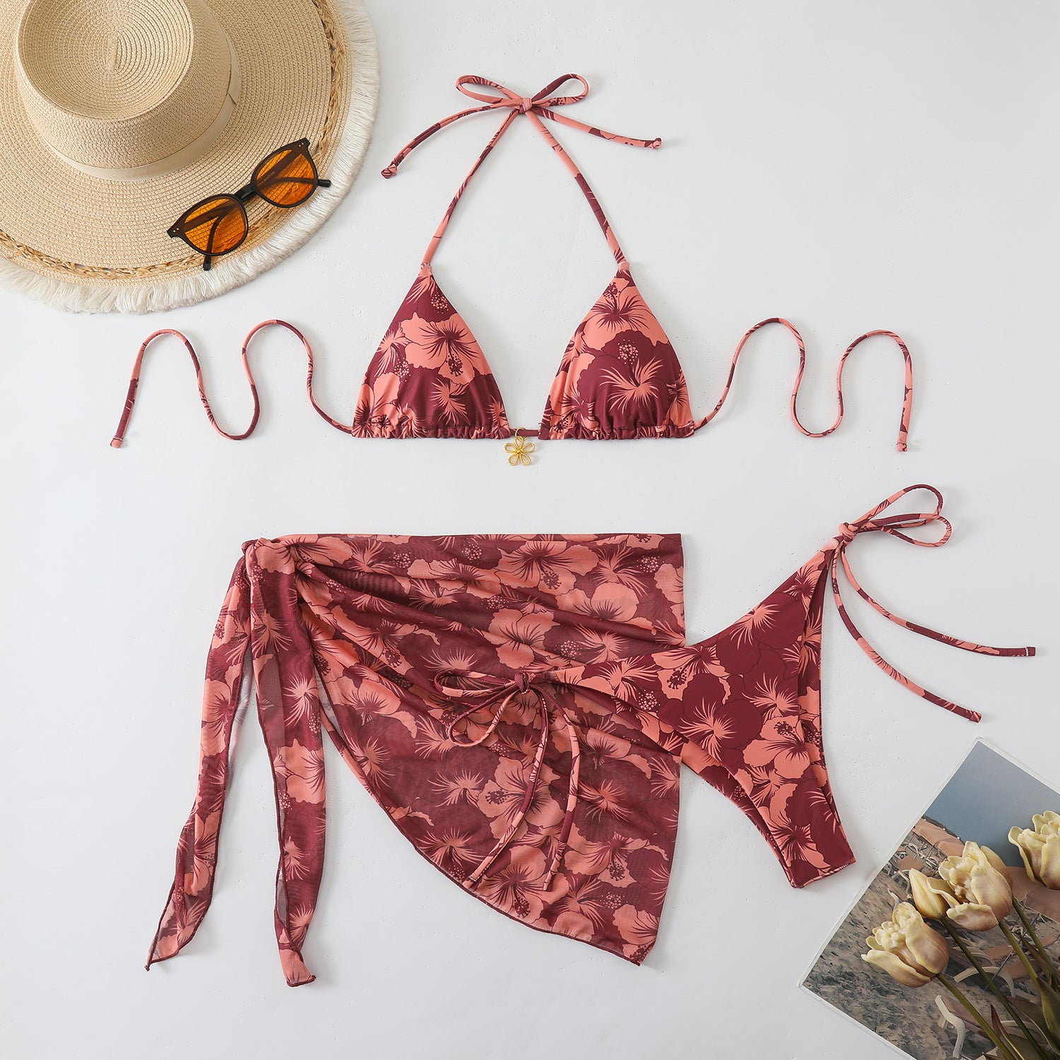 Bikini tres piezas multicolor con falda de tul