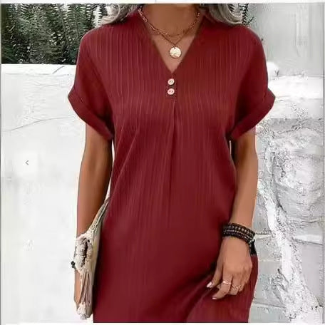 Style Solid Color Long Sleeve Buttoned A-line Casual Dress