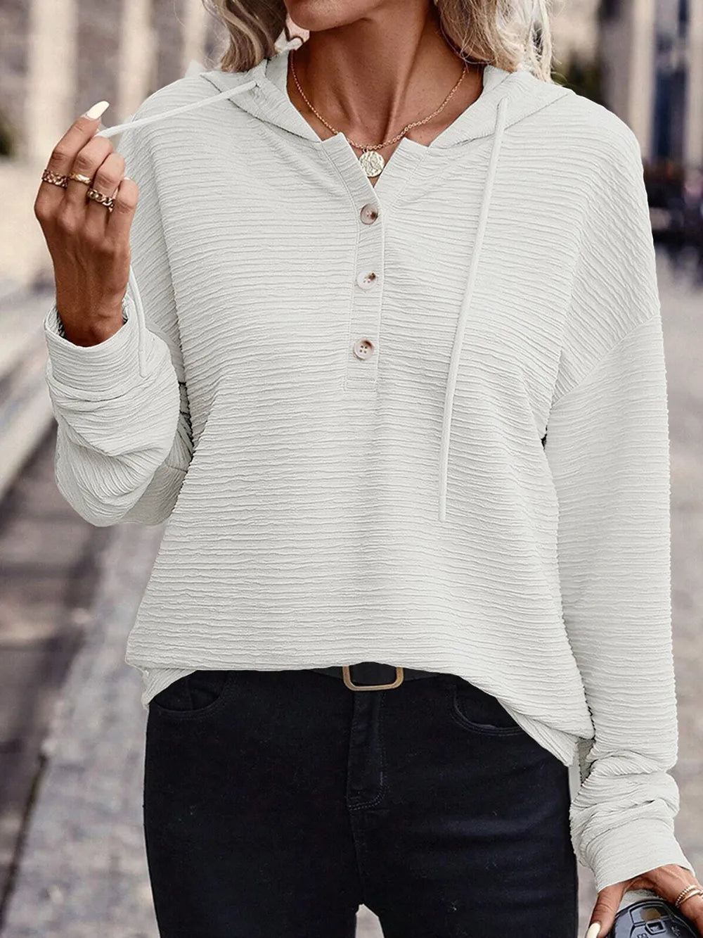 Solid color hooded sweatshirt jacket casual shoulder down long sleeved top