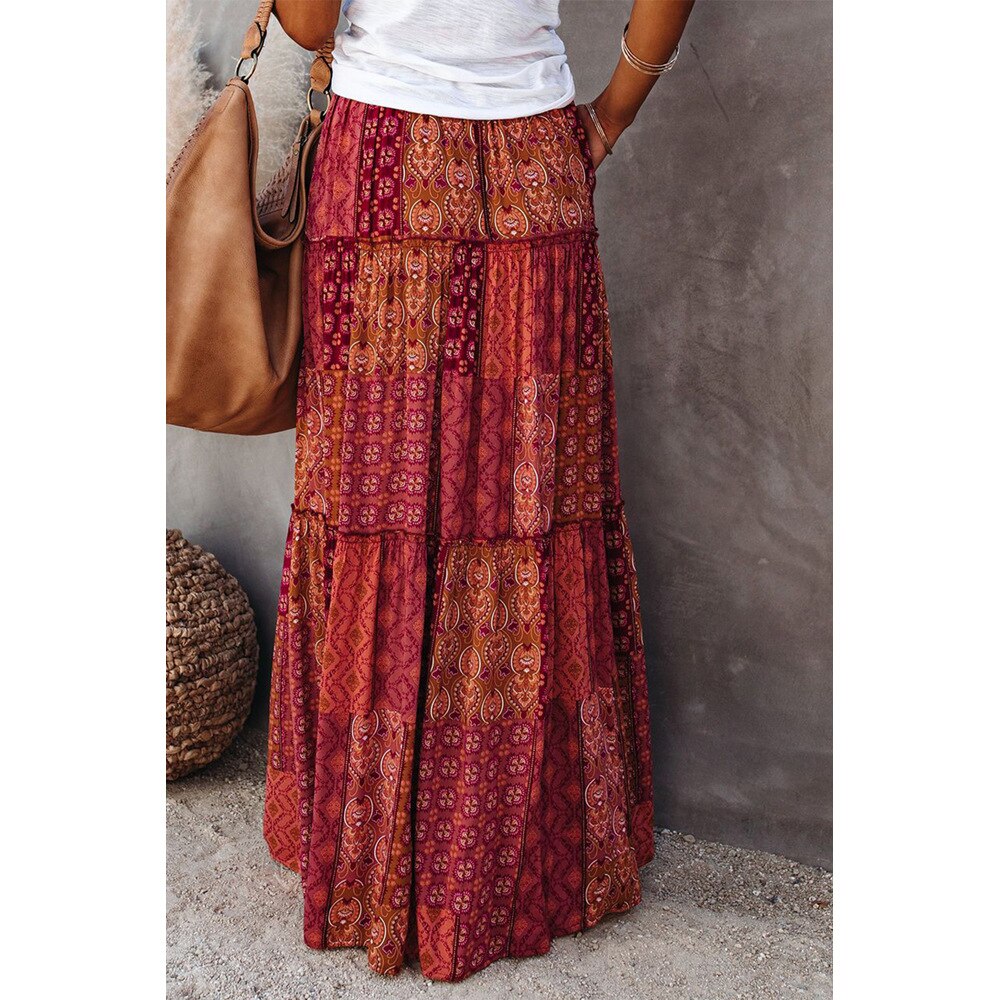 New Bohemian Skirts Casual High Waist Printing Maxi Skirts Ruffled Chic Style Holiday Skirts A-line Long Pleated Skirt
