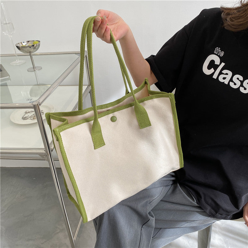 Large Capacity Contrast Color Canvas Bag Student Shoulder Bag Summer New Niche Design Simple Literary Tote Bag