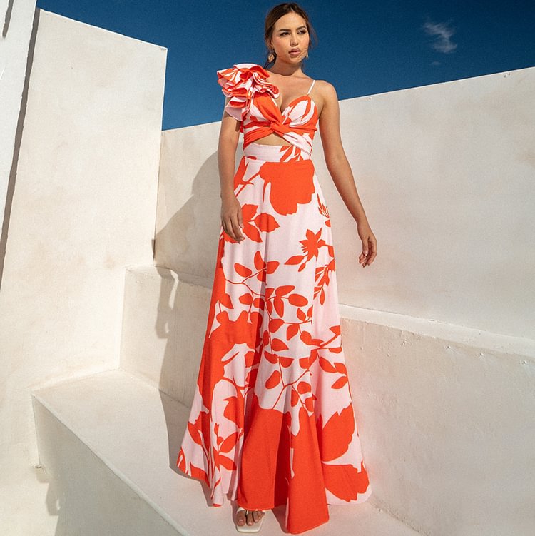 One-Shoulder Ruffle Cut-Out Printed One-Piece Swimsuit with Skirt for Women