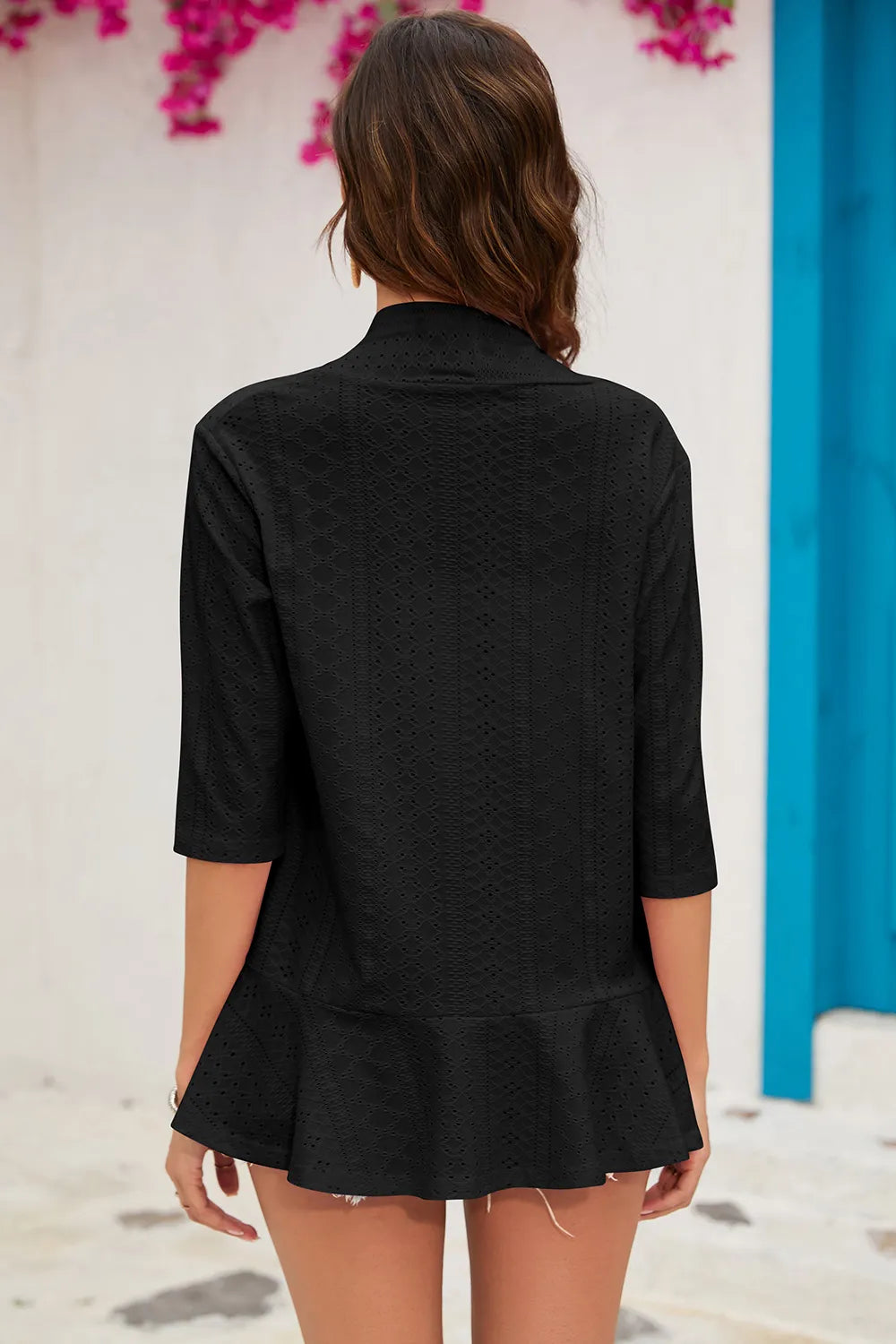 Solid color cardigan jacket with three quarter sleeves and ruffle edge top for women