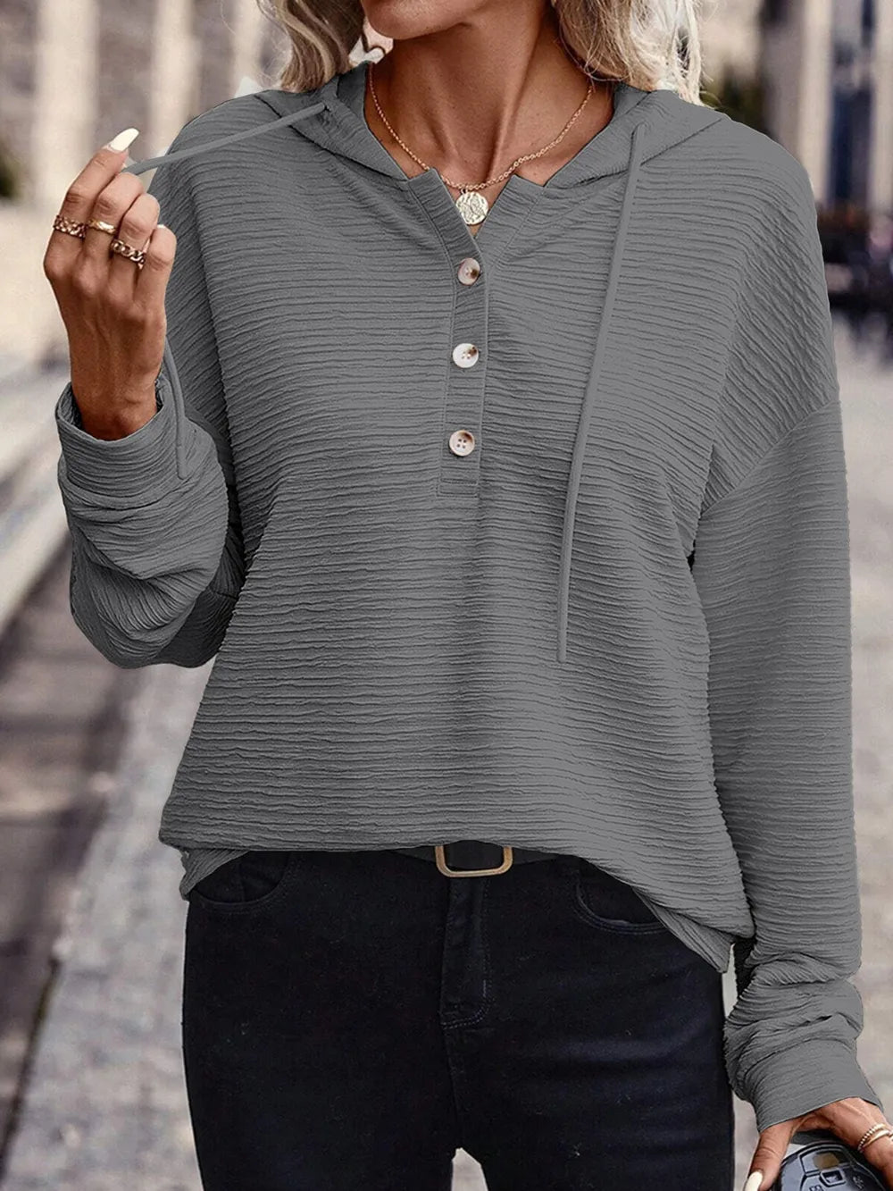 Solid color hooded sweatshirt jacket casual shoulder down long sleeved top
