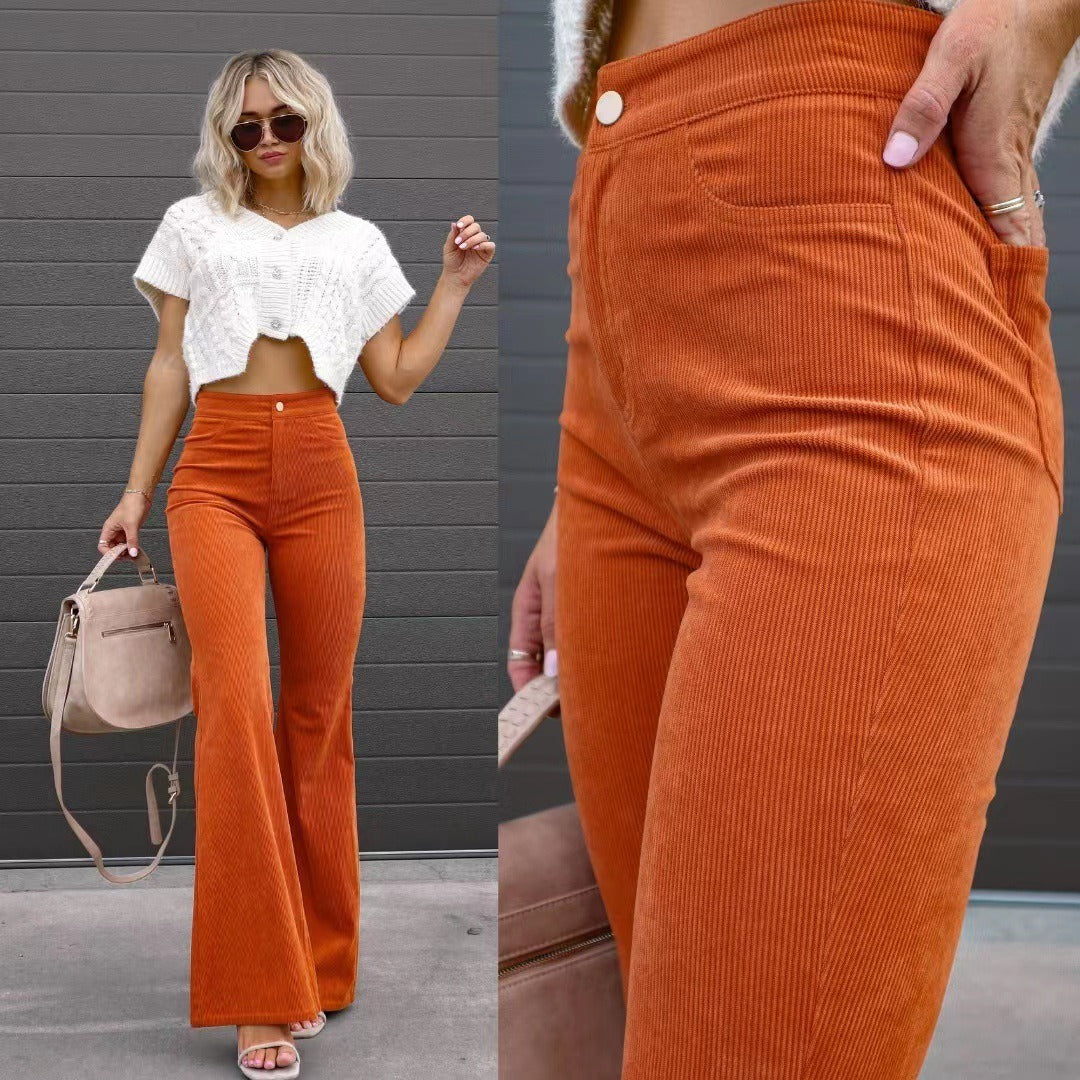 Autumn And Winter Women's Solid Color Mid Waist Slim Micro Flare Pants Corduroy Elastic Waist Casual Pants
