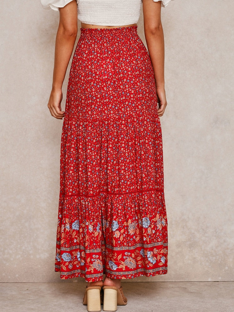 High Waist Long Skirts Womens Boho A-line Full Skirt Floral Print Drawstring Lace-Up Maxi Clothes White Summer Red Bohemian