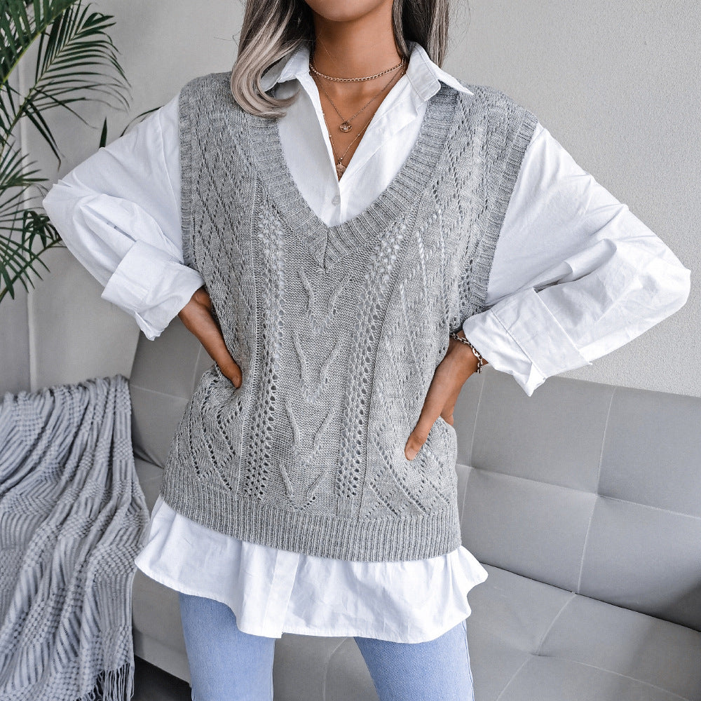 Hollow out Fried Dough Twists V-neck knitted vest sweater