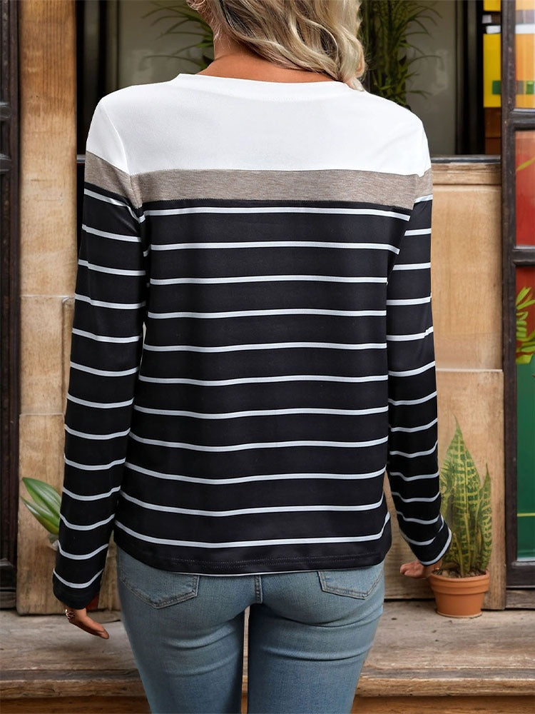 New European and American autumn women's patchwork long sleeved striped T-shirt for women