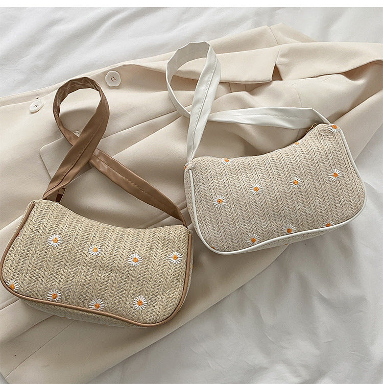 Popular Summer Straw Woven Bag Women's Western Style Lace Flower Woven Bag Simple Ladies Shoulder Underarm Bag