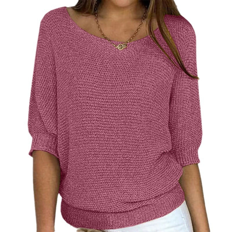 Round neck knitted sweater with elegant three quarter sleeve top for women