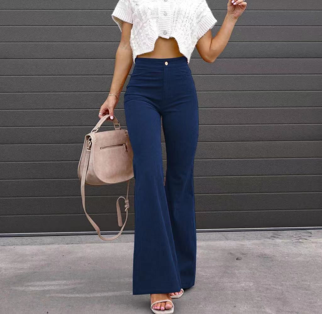 Autumn And Winter Women's Solid Color Mid Waist Slim Micro Flare Pants Corduroy Elastic Waist Casual Pants