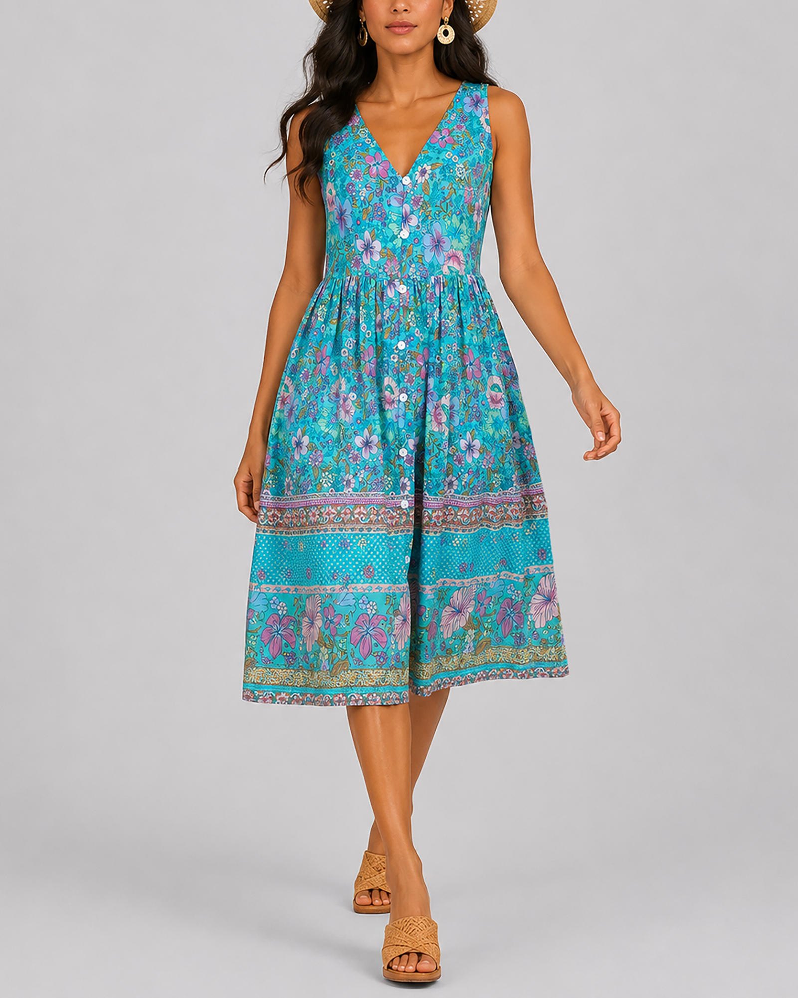Vestido estampado escote pico sin mangas