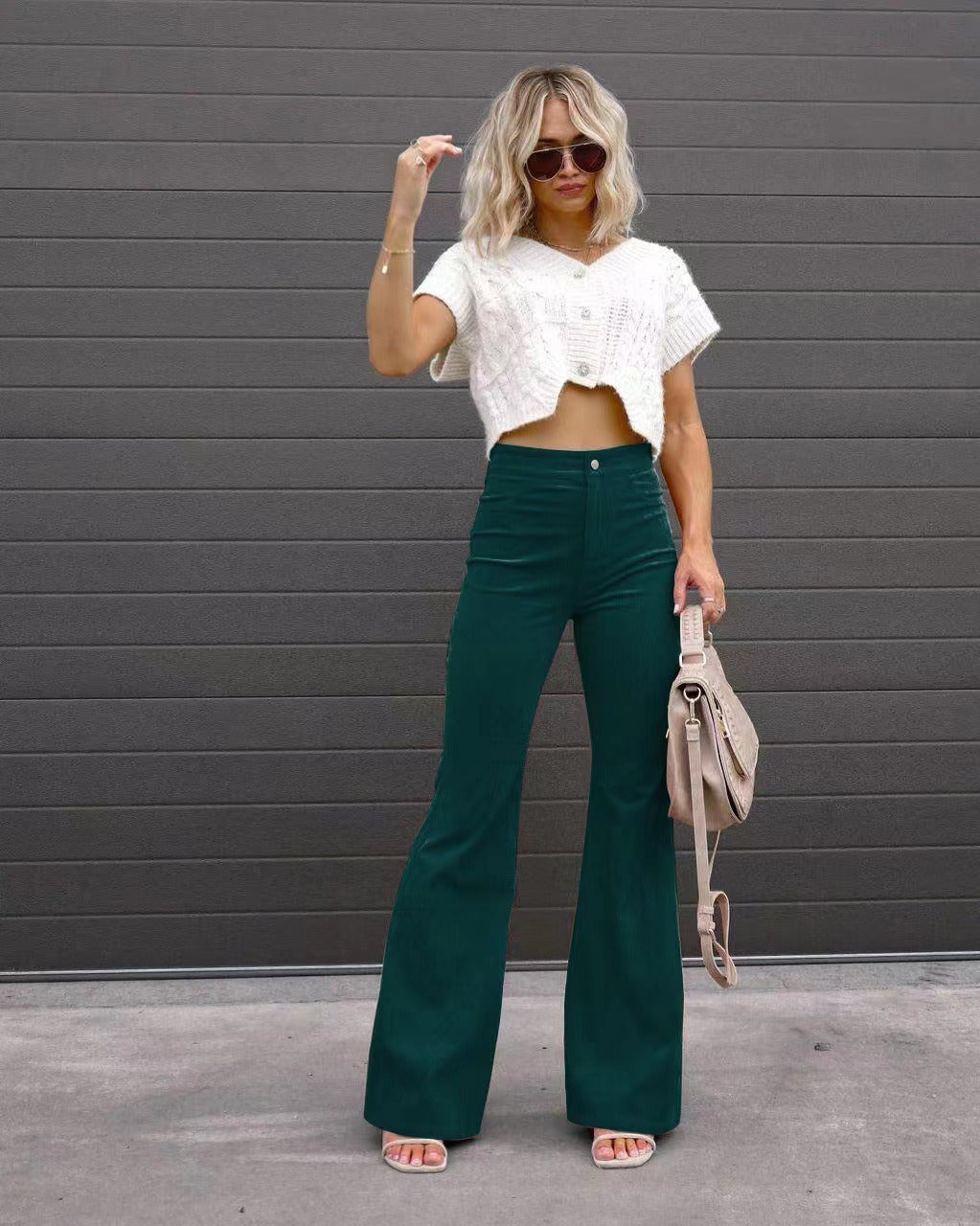 Autumn And Winter Women's Solid Color Mid Waist Slim Micro Flare Pants Corduroy Elastic Waist Casual Pants
