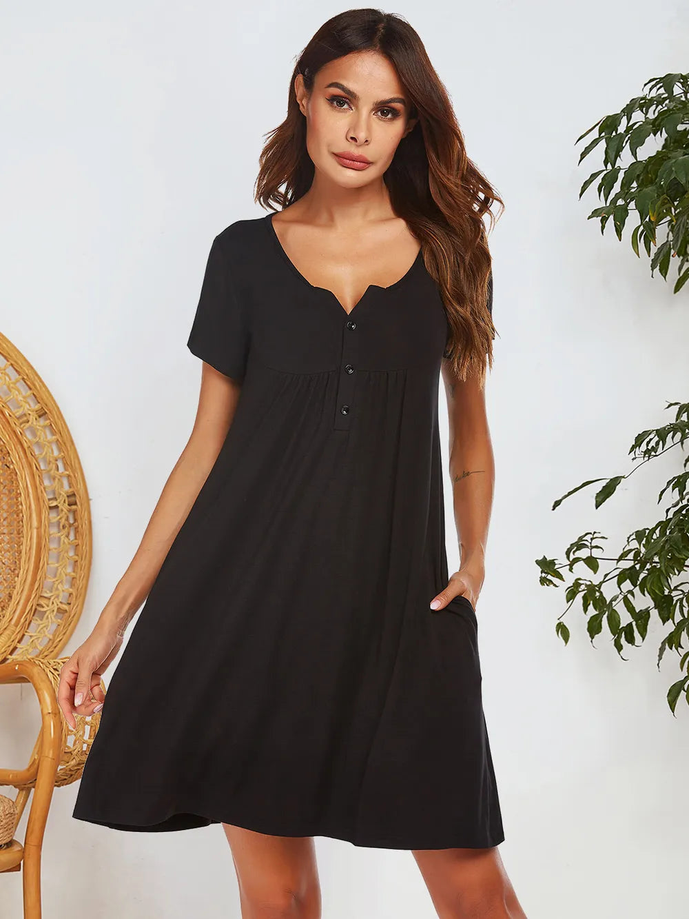 Spring and summer short sleeved pocket top button home clothes pajamas for women