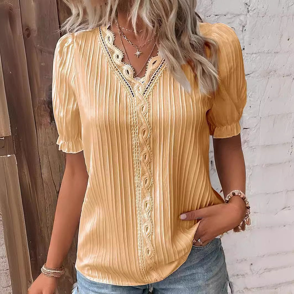 Fashion Hollow-Out Short Sleeve Shirt for Women, Summer Casual Vacation Style