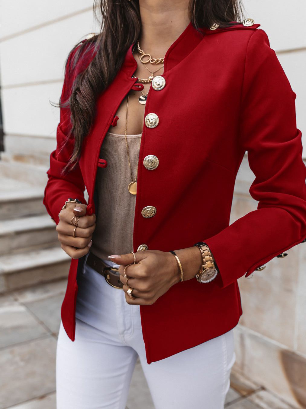 Fashionable Long Sleeve Fitted Buttoned Blazer Short Jacket