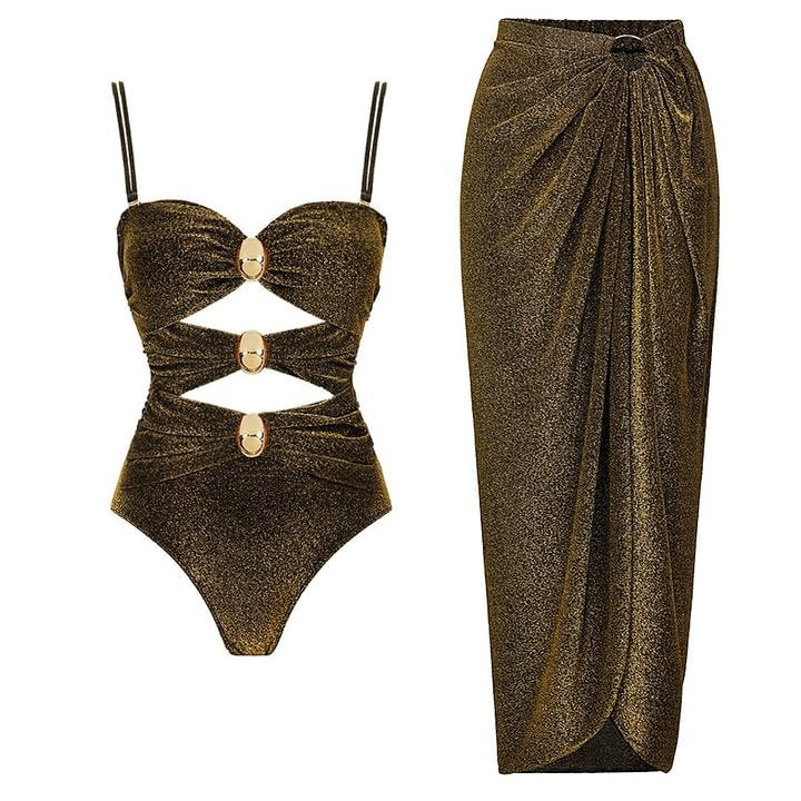 Hollow Metal Circle Buckle Decorated One-Piece Swimsuit Set for Women