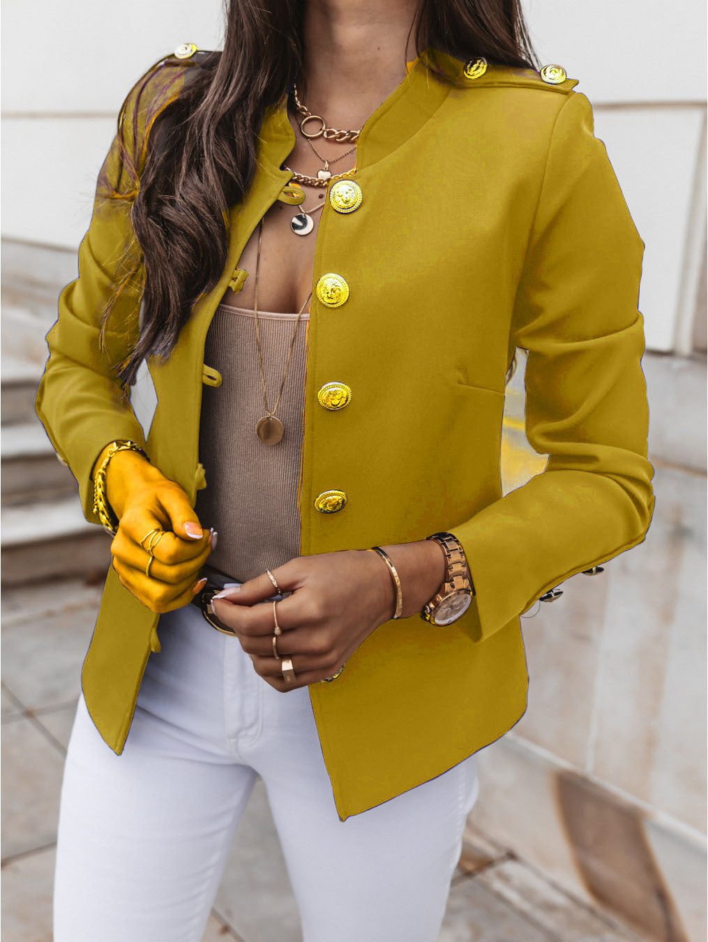 Fashionable Long Sleeve Fitted Buttoned Blazer Short Jacket