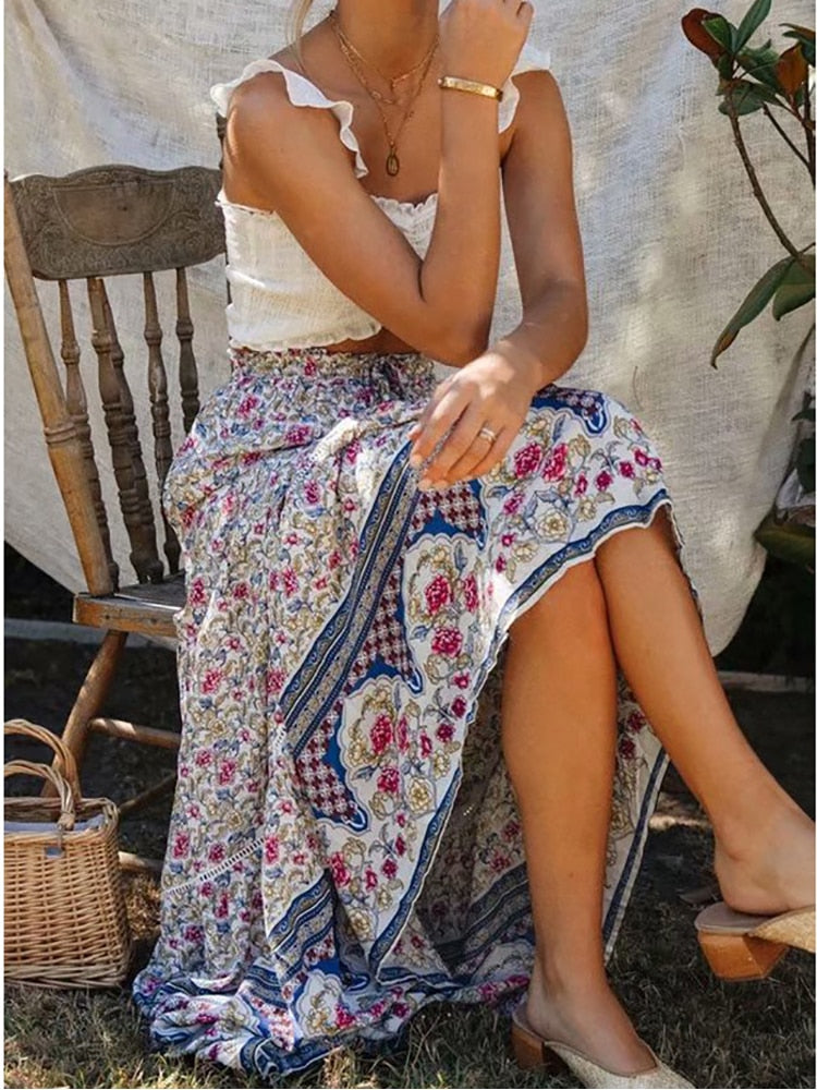 High Waist Long Skirts Womens Boho A-line Full Skirt Floral Print Drawstring Lace-Up Maxi Clothes White Summer Red Bohemian