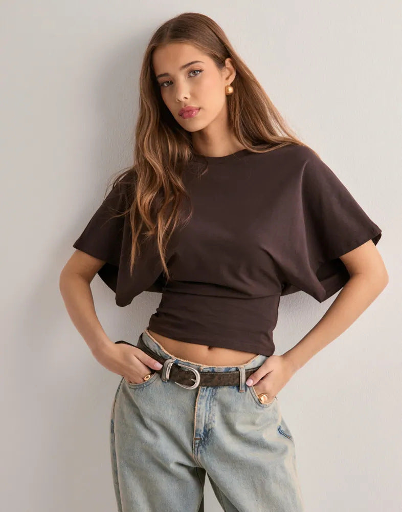 Fashion Sense Round Neck Pullover Short Sleeve T-Shirt for Women, Simple and Versatile Solid Color Loose Top