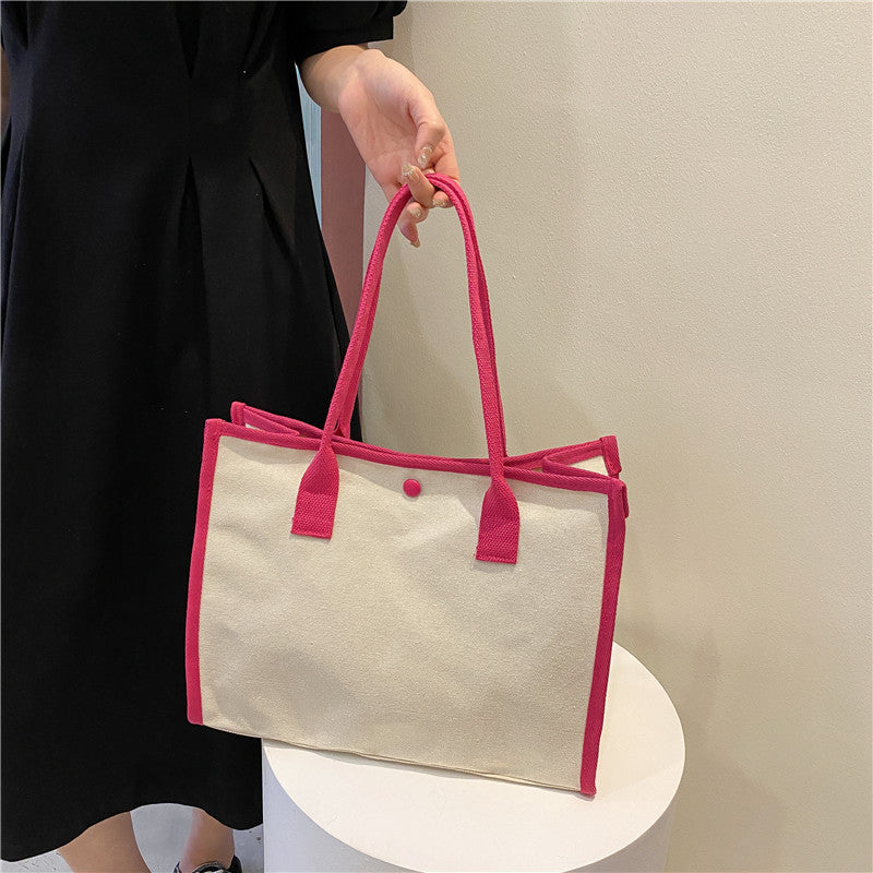 Large Capacity Contrast Color Canvas Bag Student Shoulder Bag Summer New Niche Design Simple Literary Tote Bag