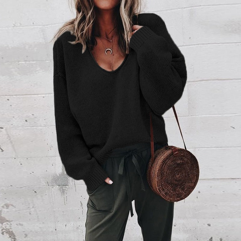 Winter New Foreign Trade European and American Women's Sweater V-neck Long sleeved Loose Pullover Knitted Bottom
