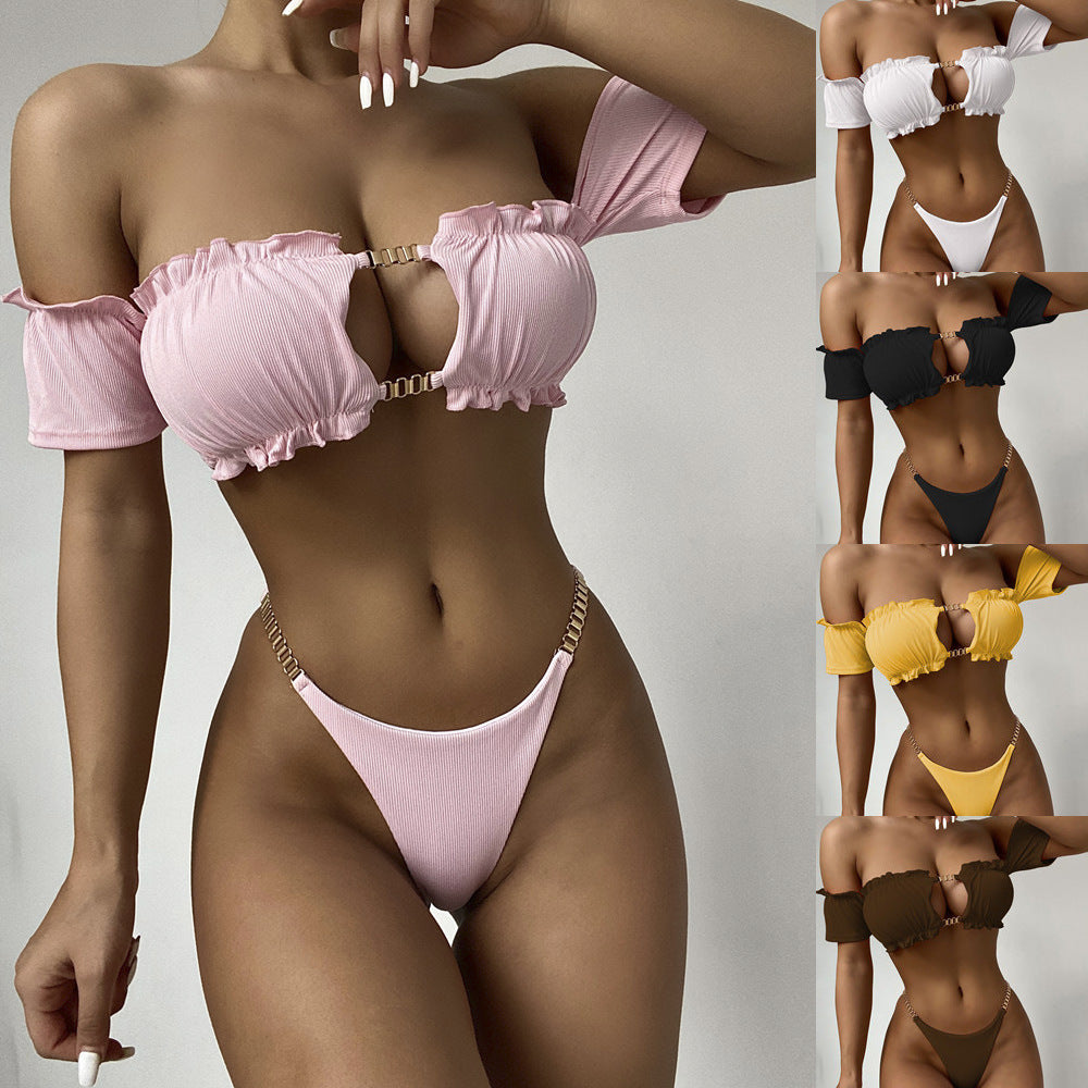 New Solid Color Bikini Women's Swimsuit Swimsuit Short Sleeve Swimwear Set Beach Bikini