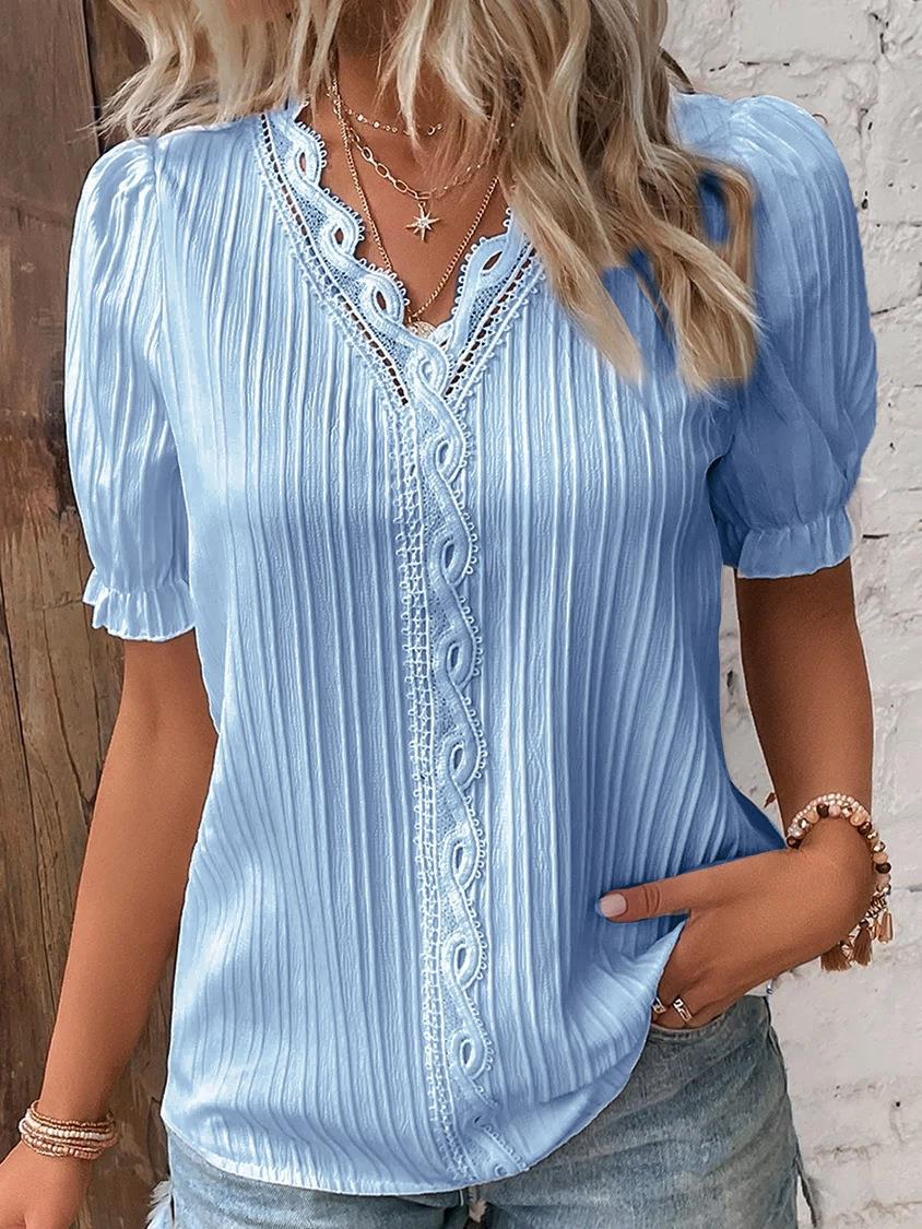 Fashion Hollow-Out Short Sleeve Shirt for Women, Summer Casual Vacation Style