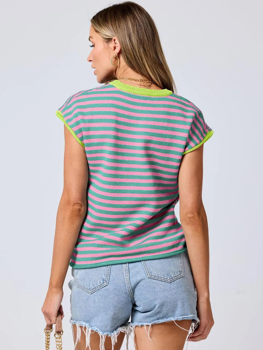Round neck knitted top casual striped contrasting sweater
