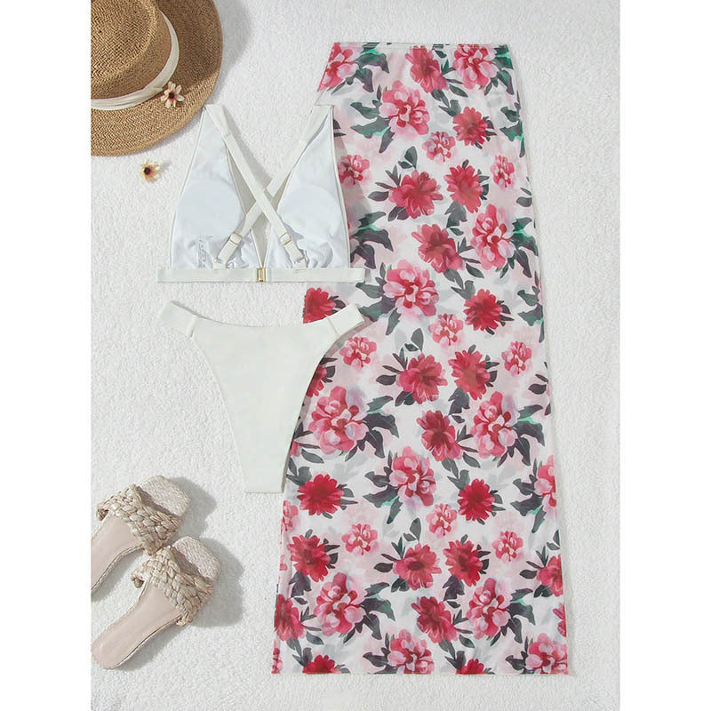 Conjunto de baño tres piezas con vestido estampado