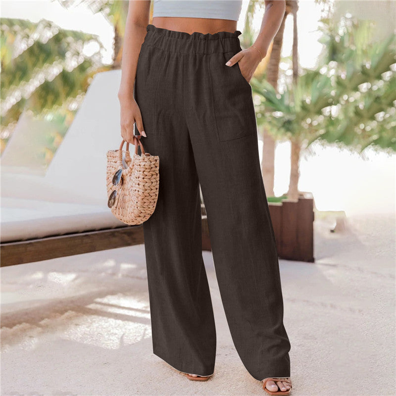 Summer New Women's Casual Pants Fashion Ruffled Patch Pocket Wide Leg Pants